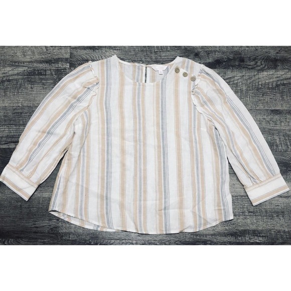 LC Lauren Conrad Tops - LC Lauren Conrad Sz L Linen Blend Blouse Blue & Tan Stripes Cover Up Top Tee B1